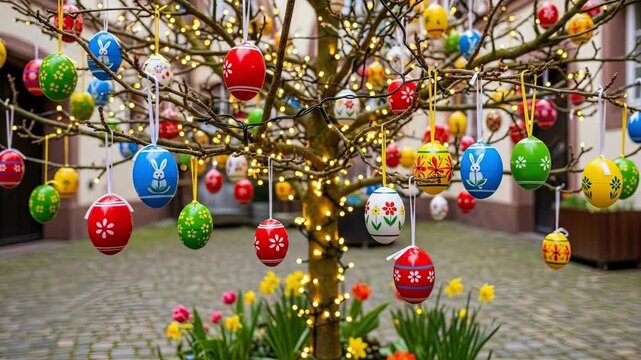 Colorful painted easter eggs hanging from tree branches in courtyard. Easter decoration with fairy lights and daffodils. Spring holiday celebration and seasonal joy concept