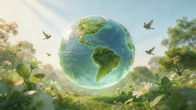 Crystal green Earth with vegetation, flowers and birds. Soft dawn tones with volumetric light. Unreal Engine 5 render, 8K. Ideal for World Earth Day, ecology, conservation. Atmosphere of hope.