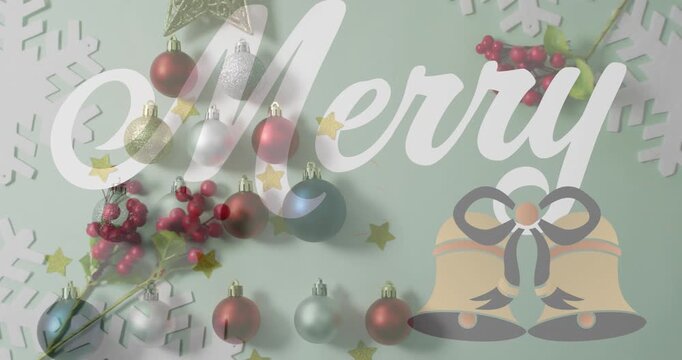 Animation of christmas greetings text over decorations