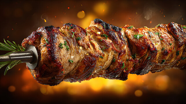 A kontosouvli, a large Greek-style rotisserie skewer, featuring succulent, slow-roasted meat with a crispy, charred exterior, cooking over an open flame