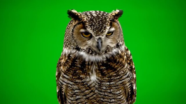 A majestic owl with glowing eyes hooting and looking around, isolated on green screen isolated, perched, owl
