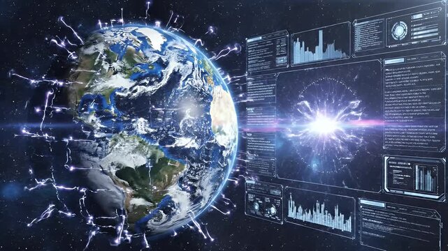 Futuristic digital interface displaying Earth data with glowing energy streams