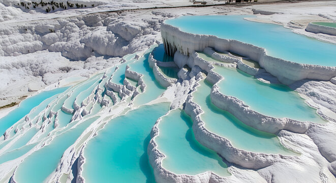 Aerial view of the cascading turquoise thermal water pools and white travertine terraces of pamukkale turkey a stunning natural wonder and popular tourist destination