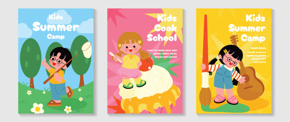 Fototapeta premium Kids summer camp and cook school vector poster set with outdoor activity, creative cooking class, music and dance program, sports and games. Colorful children workshop flyer collection.