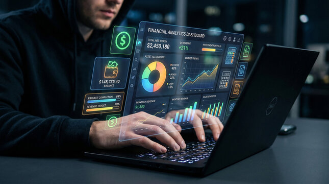 Tech-Savvy Analyst: An individual, deeply engrossed in their work, utilizes cutting-edge technology to dissect intricate financial data, indicating innovation.