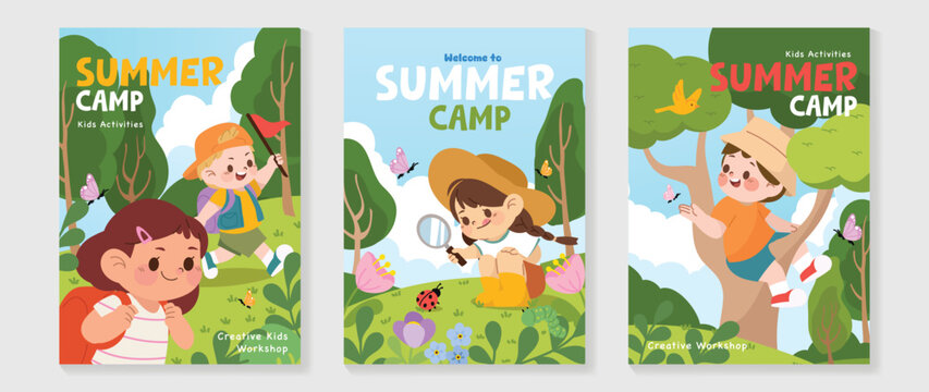 Summer camp kids activities vector poster with child on tree, bird, butterflies, and creative outdoor workshop.