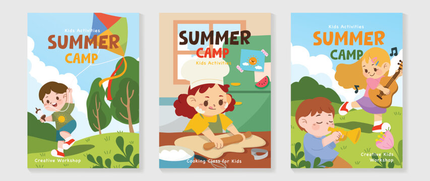 Kids summer camp vector poster set with kite flying, cooking class, and music activity themes. Colorful children workshop collection for creative kids activities, outdoor fun, and summer camp event.