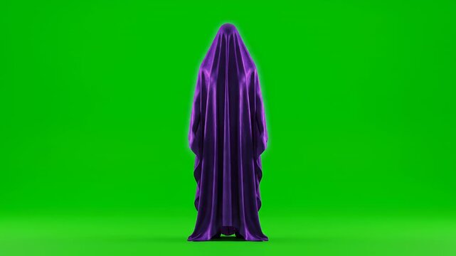 A draped form quickly materializing into full view on green screen fade in, quickly materializing, specter