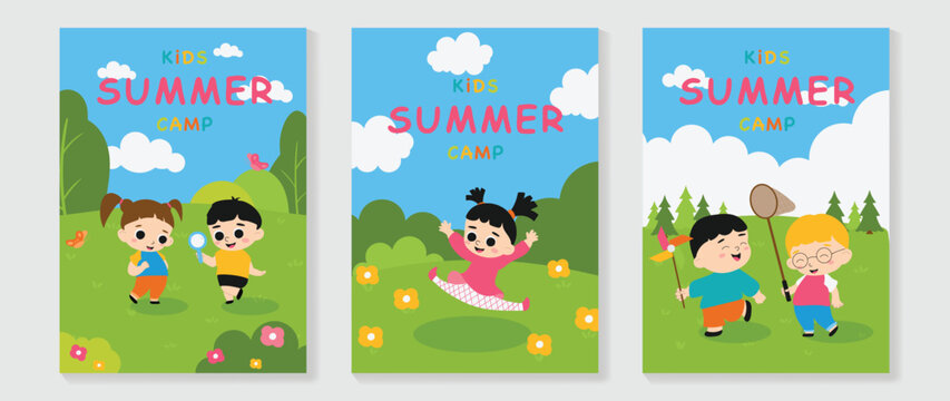 Kids summer camp vector poster set with children playing outdoors, magnifier, butterfly net, and fun nature activity scenes. Cute colorful kids camp flyer collection for adventure and holiday program.