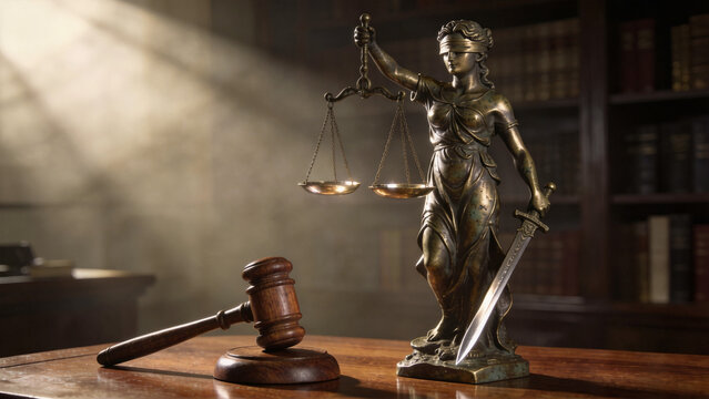 Bronze Lady Justice statue on walnut desk with scales, sword and gavel. Cinematic lighting, Tyndall effect, shallow depth of field. Law firm background. Concept of law, justice. 8K photorealistic.