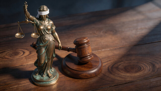 Bronze Lady Justice statue and wooden gavel on dark walnut table, dramatic lighting. High contrast dark blue and gold, 8K render. Conceptual background for law firm, attorney, court case, law.