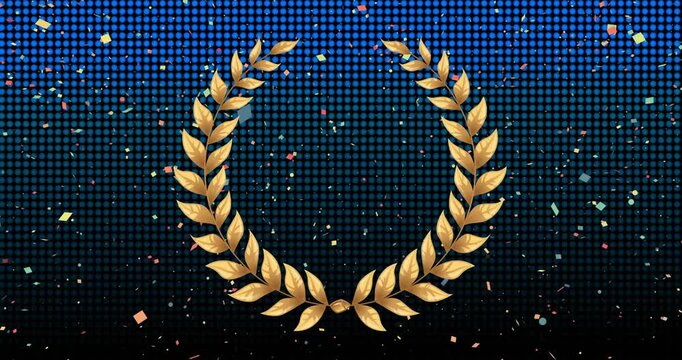 Animation of gold laurel wreath and falling confetti over blue grid on black background