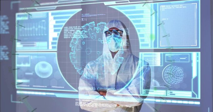 Medical researcher analyzing transparent virus display and panels triggered by pulsing green dot