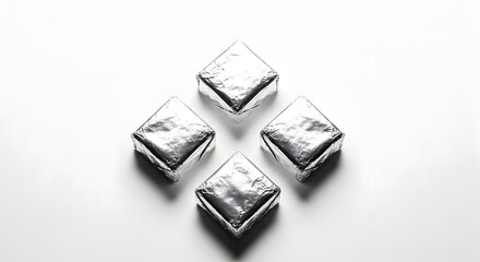 Fototapeta premium Minimalist Arrangement of Metallic Cubes on a White Surface, Abstract Geometry, Reflective Surfaces, Conceptual Still Life, Isolated Studio Shot