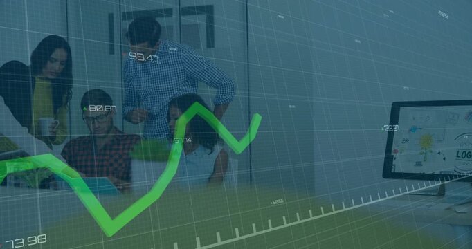 team gathering in office meeting, woman showing paper starting green line graph tracking data trend