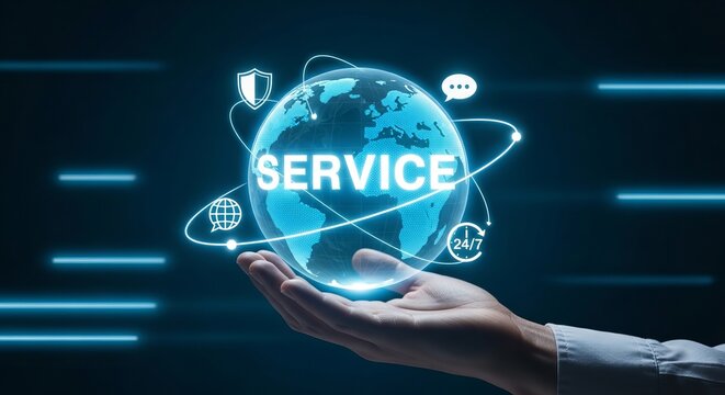 Global Customer Service Concept with 24/7 Support Icons and Digital World Globe on Human Hand