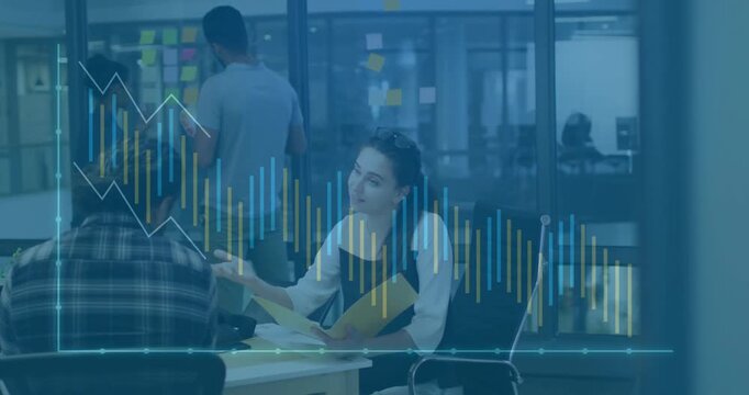 Horizontal axis line appearing bars rising as woman reviewing yellow folder showing business data