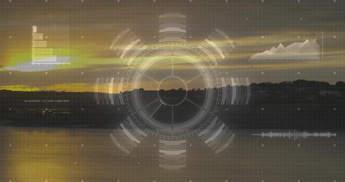 Sunset-triggered circular HUD executing data scanning with rotating segments updating charts
