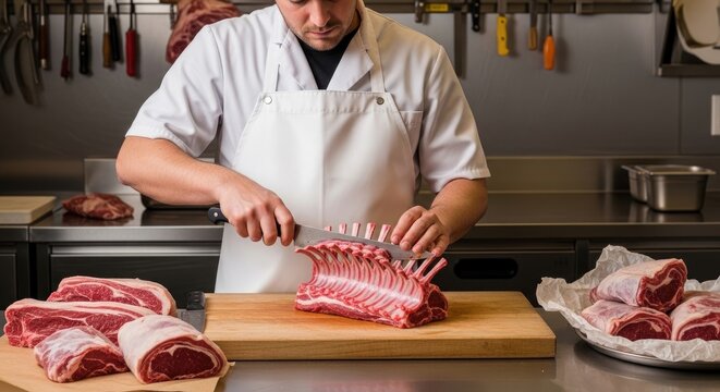 A chef meticulously cuts rack of lamb on a wooden cutting board. He wears a white chef's coat and apron.