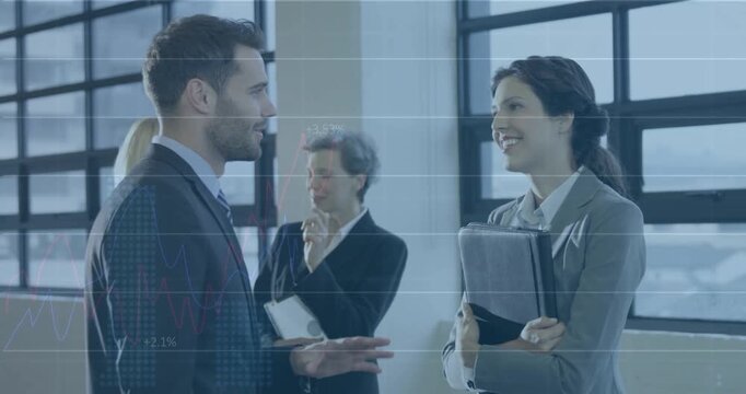 Man opening talk gesturing, woman holding binder discussing finance, animated charts layering grid