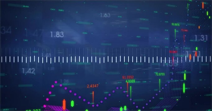 Data chart animating from white tick ruler prompt, forming candles and dotted peaks showing trends
