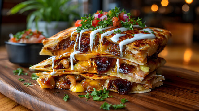 Gringas, stacked flour tortillas filled with melted cheese and al pastor meat, drizzled with a creamy sauce, garnished with fresh cilantro and diced tomatoes, served warm.