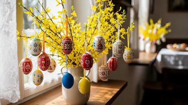 Decorated easter eggs hanging from yellow forsythia branches in white vase on sunny windowsill. Springtime easter decoration concept for home interior and holiday celebration