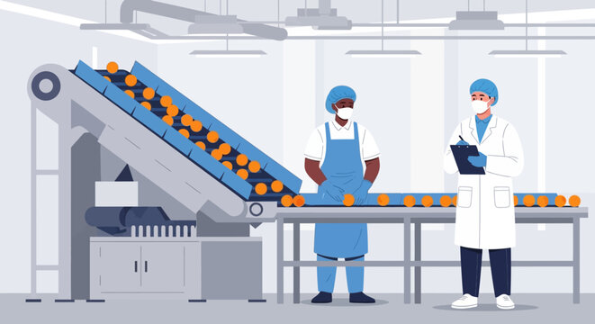 Two workers inspect products on a conveyor belt in a factory setting.
