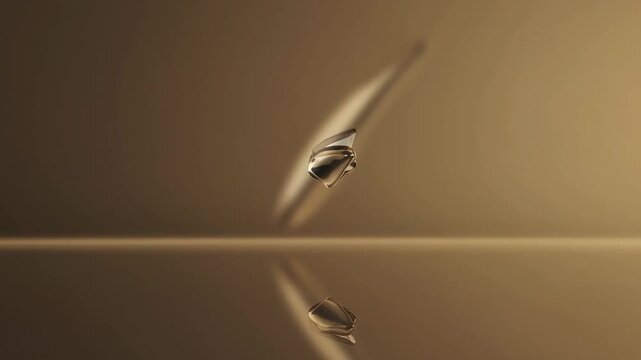 Liquid chrome metallic object rotating on reflective surface minimal luxury style
