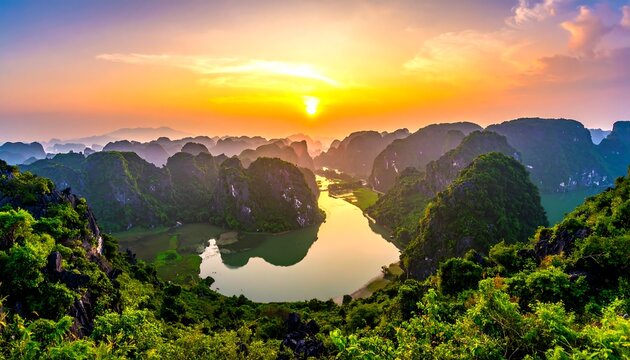 Stunning Sunset Over Limestone Karsts and River in Ninh Binh Vietnam.