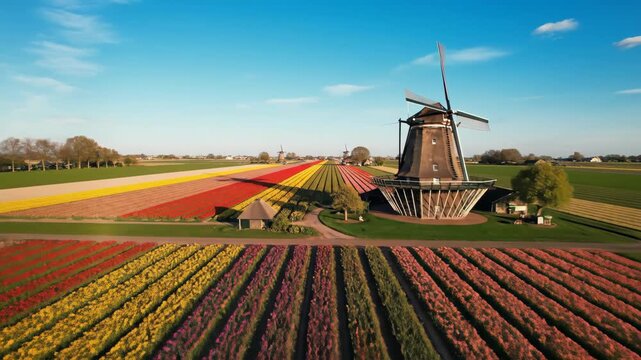 Drone shot over vast, colorful tulip fields with historic windmills under a clear blue sky in Holland.