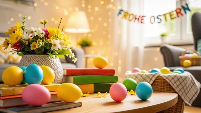 Colorful Easter eggs arranged on wooden table with yellow flowers in vase and stacked books. German banner spelling happy Easter. Festive spring holiday decoration concept for seasonal celebrations