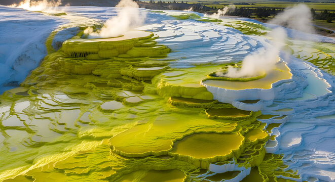 Vibrant geothermal hot spring terraces with mineral deposits creating striking blue and yellow formations and steam rising in a natural landscape