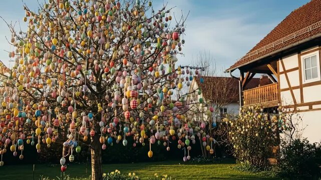 Colorful easter eggs decorating bare tree branches in garden. Springtime easter tradition with hanging painted eggs. Festive holiday symbol of renewal and celebration near rustic house