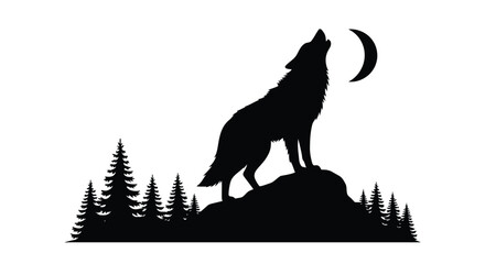 A howling wolf stands atop a hill under a crescent moon silhouette © IMkM00i76