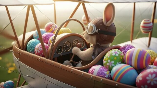 Cute Easter bunny pilot in vintage biplane surrounded by colorful eggs. Spring adventure and holiday celebration concept. Whimsical Easter theme illustration