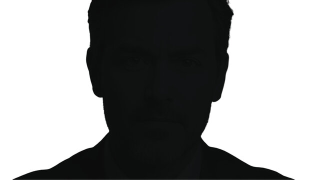 Silhouette of a male figure presents an anonymous front-facing portrait against a stark white background for.