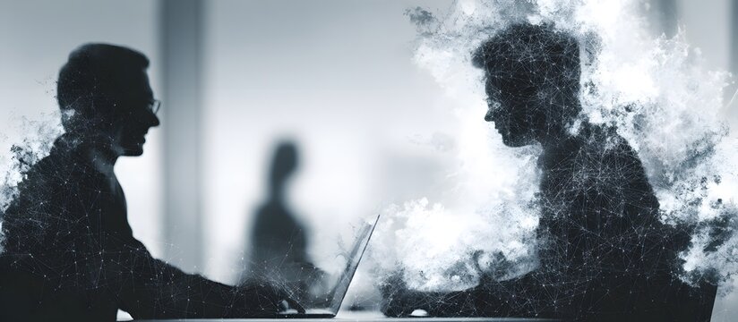 Two professional figures rendered as digital silhouettes engaging with a laptop in a bright abstract office environment their forms dissolving into lu