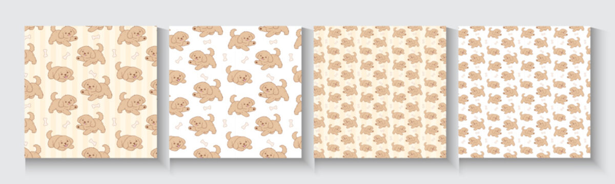 Adorable Cartoonish Puppies Illustration Set Isolated. Dog seamless pattern poster, banner, cards with cute blue brown dogs