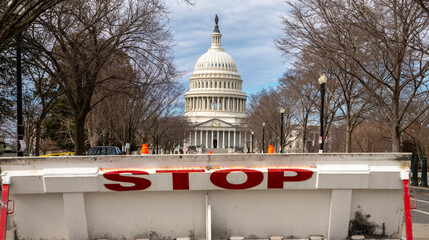 Stop security barrier near Capitol Hill. Government shutdown tension in Washington DC. Restricted...