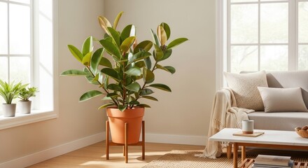 Fototapeta premium A large rubber plant sits in a terracotta pot on a wooden plant stand in a bright, airy living room.
