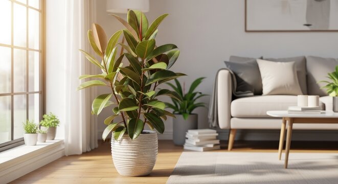A large rubber plant stands prominently in a bright, airy living room. Sunlight streams through a large window, illuminating the room and highlighting the plant's glossy leaves.