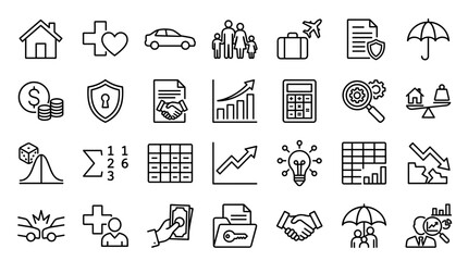 Fototapeta premium Insurance and finance icons set representing protection security and financial growth for business and personal life