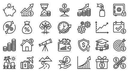 Fototapeta premium Financial Growth and Investment Icons Set Representing Savings Goals and Economic Progress