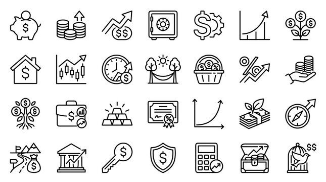 Financial icons collection for business and finance concepts including savings investment growth security and strategy symbols