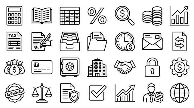 Collection of business and finance icons representing financial concepts, banking, investment, and office work with a clean line art style on a white background.