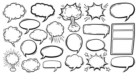 Fototapeta premium Hand-drawn comic book speech bubbles and explosion shapes, vector illustration