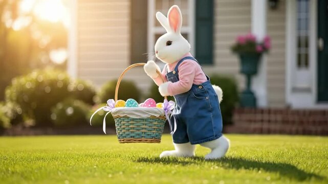 Bunny in denim overalls holding woven easter basket with colorful eggs on sunny green lawn in front of house. Spring easter holiday celebration concept for children and seasonal greetings