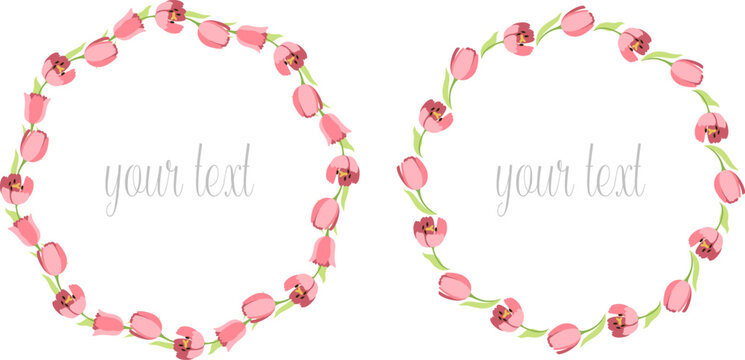 This delightful illustration features a beautiful pink tulip elegantly arranged within a circular frame, creating a lovely border. Perfect for various decorative purposes, this design captures the ess