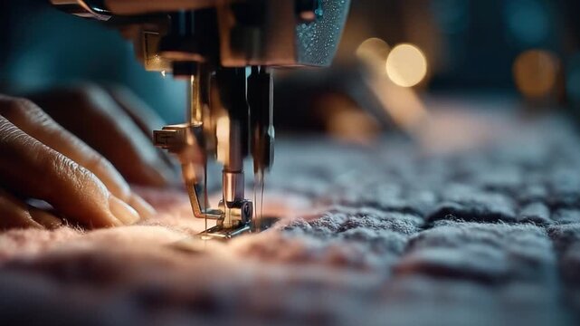 Threads of Creation: A detailed close-up captures a skilled hand guiding fabric through a sewing machine, creating intricate textures and patterns.
